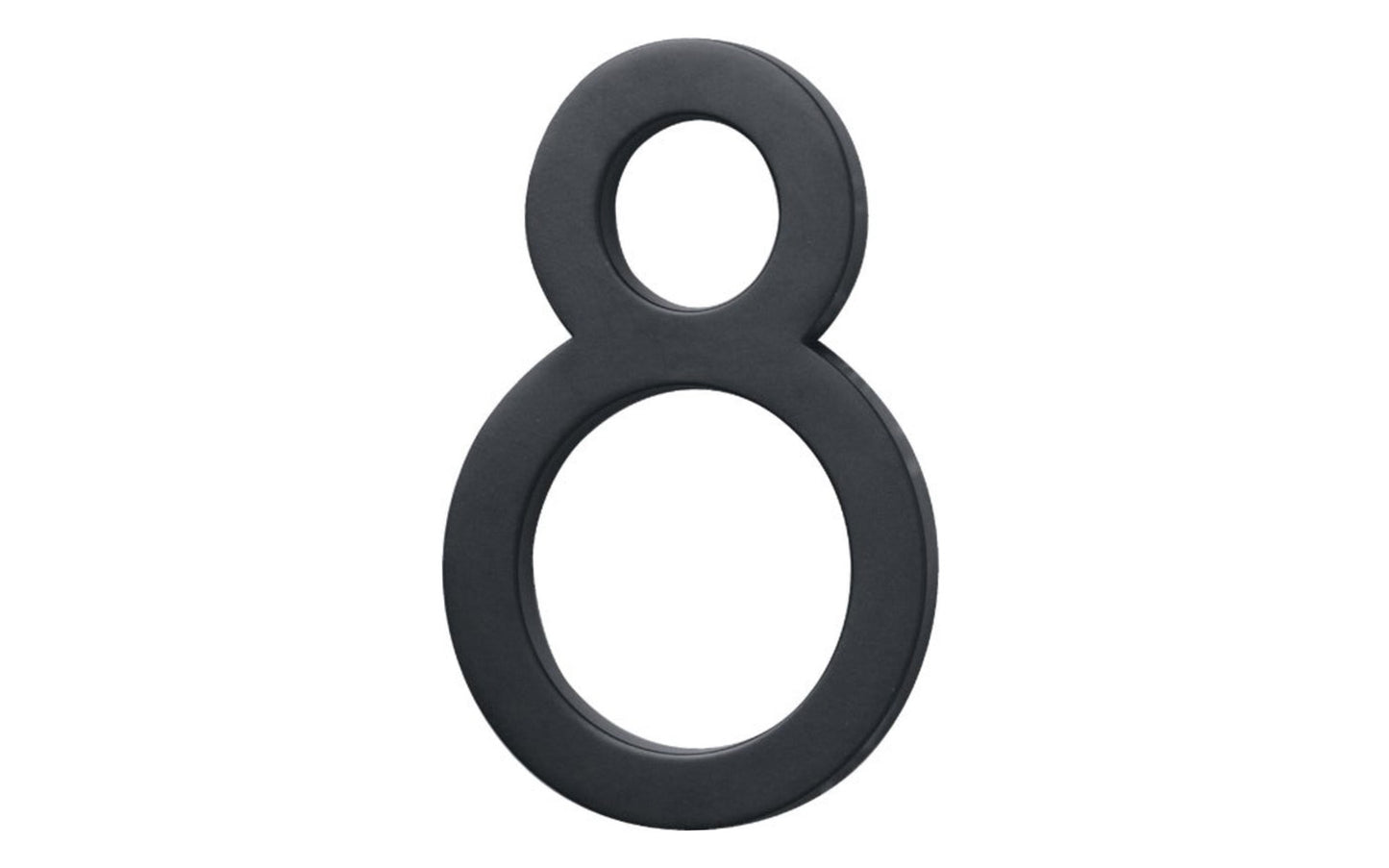 Number Eight House Number in a classy architectural style design. Satin black finish. 6" size house number with 1/2" material thickness. Can be installed flush mount or floating mount (elevated from wall for a shadow effect). #8 House Number. Hy-Ko Model No. FM-6/8. 029069310783