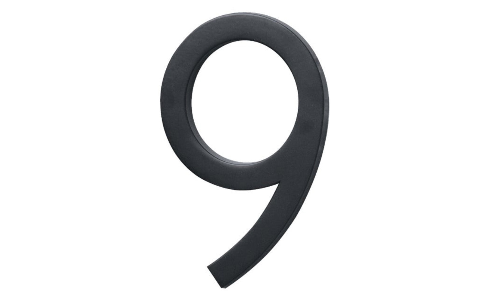 Number Nine House Number in a classy architectural style design. Satin black finish. 6" size house number with 1/2" material thickness. Can be installed flush mount or floating mount (elevated from wall for a shadow effect). #9 House Number. Hy-Ko Model No. FM-6/9. 029069310790