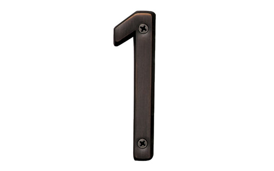 Number One House Number in a 4" size. Made of solid brass material with an oil rubbed bronze finish. Hy-Ko Model BR-420WB/1. Number "1" house number. Old World Bronze finish. Hardware house numbers for outdoors. Includes screws. 029069309411. 