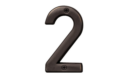 Number Two House Number in a 4" size. Made of solid brass material with an oil rubbed bronze finish. Hy-Ko Model BR-420WB/2. Number "2" house number. Old World Bronze finish. Hardware house numbers for outdoors. Includes screws. 029069309428. 