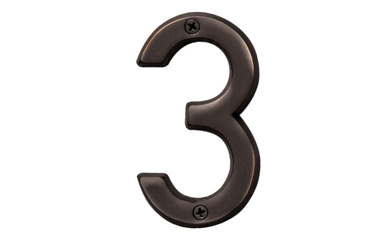 Number Three House Number in a 4" size. Made of solid brass material with an oil rubbed bronze finish. Hy-Ko Model BR-420WB/3. Number "3" house number. Old World Bronze finish. Hardware house numbers for outdoors. Includes screws. 029069309435. 
