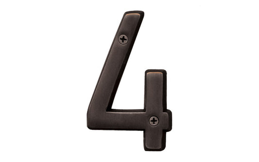 Number Four House Number in a 4" size. Made of solid brass material with an oil rubbed bronze finish. Hy-Ko Model BR-420WB/4. Number "4" house number. Old World Bronze finish. Hardware house numbers for outdoors. Includes screws. 029069309442. 