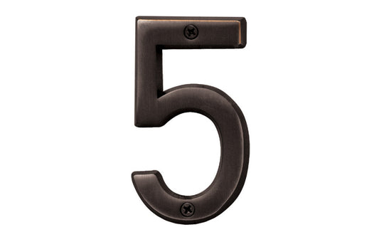 Number Five House Number in a 4" size. Made of solid brass material with an oil rubbed bronze finish. Hy-Ko Model BR-420WB/5. Number "5" house number. Old World Bronze finish. Hardware house numbers for outdoors. Includes screws. 029069309459. 