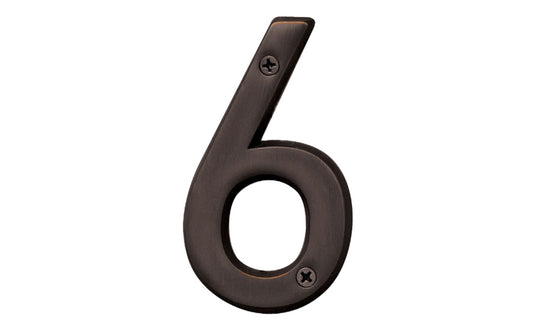 Number Six House Number in a 4" size. Made of solid brass material with an oil rubbed bronze finish. Hy-Ko Model BR-420WB/6. Number "6" house number. Old World Bronze finish. Hardware house numbers for outdoors. Includes screws. 029069309466. 