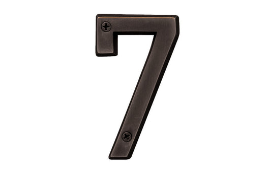 Number Seven House Number in a 4" size. Made of solid brass material with an oil rubbed bronze finish. Hy-Ko Model BR-420WB/7. Number "7" house number. Old World Bronze finish. Hardware house numbers for outdoors. Includes screws. 029069309473. 