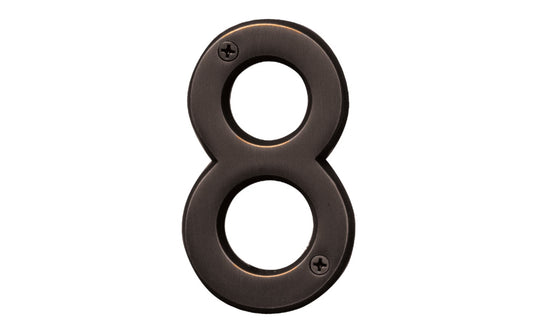 Number Eight House Number in a 4" size. Made of solid brass material with an oil rubbed bronze finish. Hy-Ko Model BR-420WB/8. Number "8" house number. Old World Bronze finish. Hardware house numbers for outdoors. Includes screws. 029069309480. 