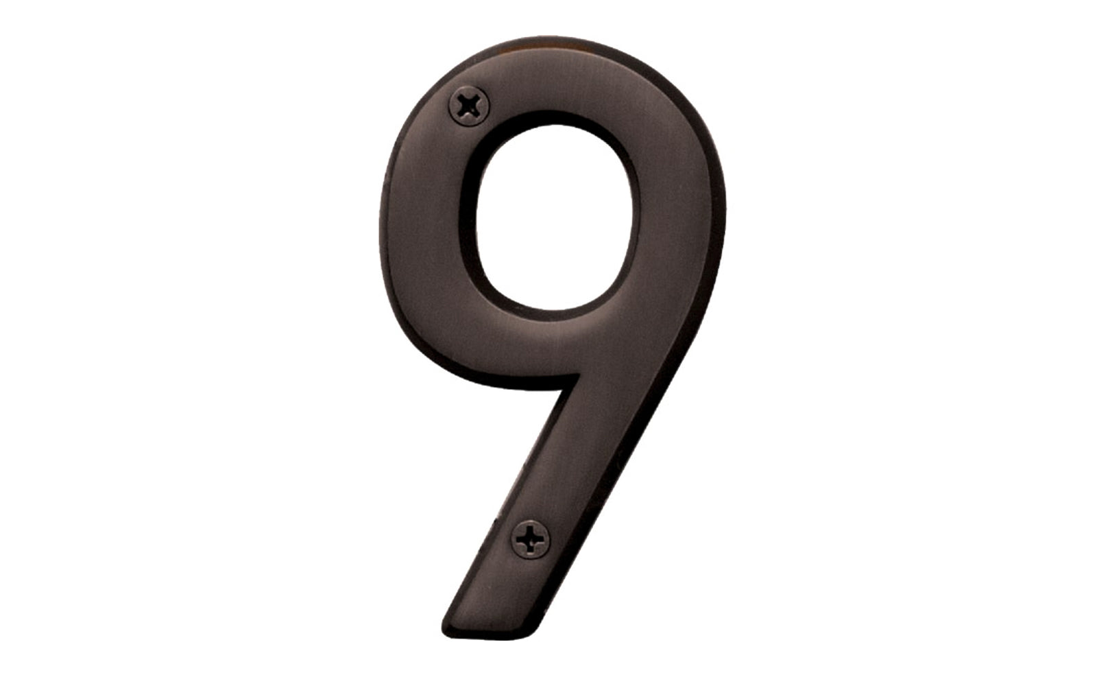 Number Nine House Number in a 4" size. Made of solid brass material with an oil rubbed bronze finish. Hy-Ko Model BR-420WB/9. Number "9" house number. Old World Bronze finish. Hardware house numbers for outdoors. Includes screws. 029069309497. 