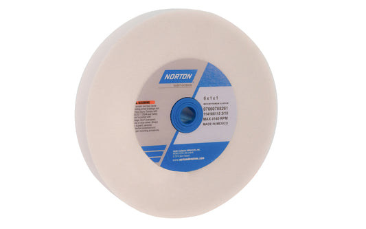 6" Aluminum Oxide Bench Grinding Wheel made by Norton. Designed for general purpose grinding on steel, high speed steels, & ferrous metals. Used for sharpening edges on tools. Materials that can be worked on include:  6" diameter of wheel. 1" thickness. 150 grit.  