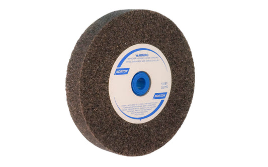 6" Aluminum Oxide Bench Grinding Wheel made by Norton. Designed for general purpose grinding on steel, high speed steels, & ferrous metals. Used for sharpening edges on tools. Materials that can be worked on include:  6" diameter of wheel. 1" thickness. 24 grit.  Made in Brazil.