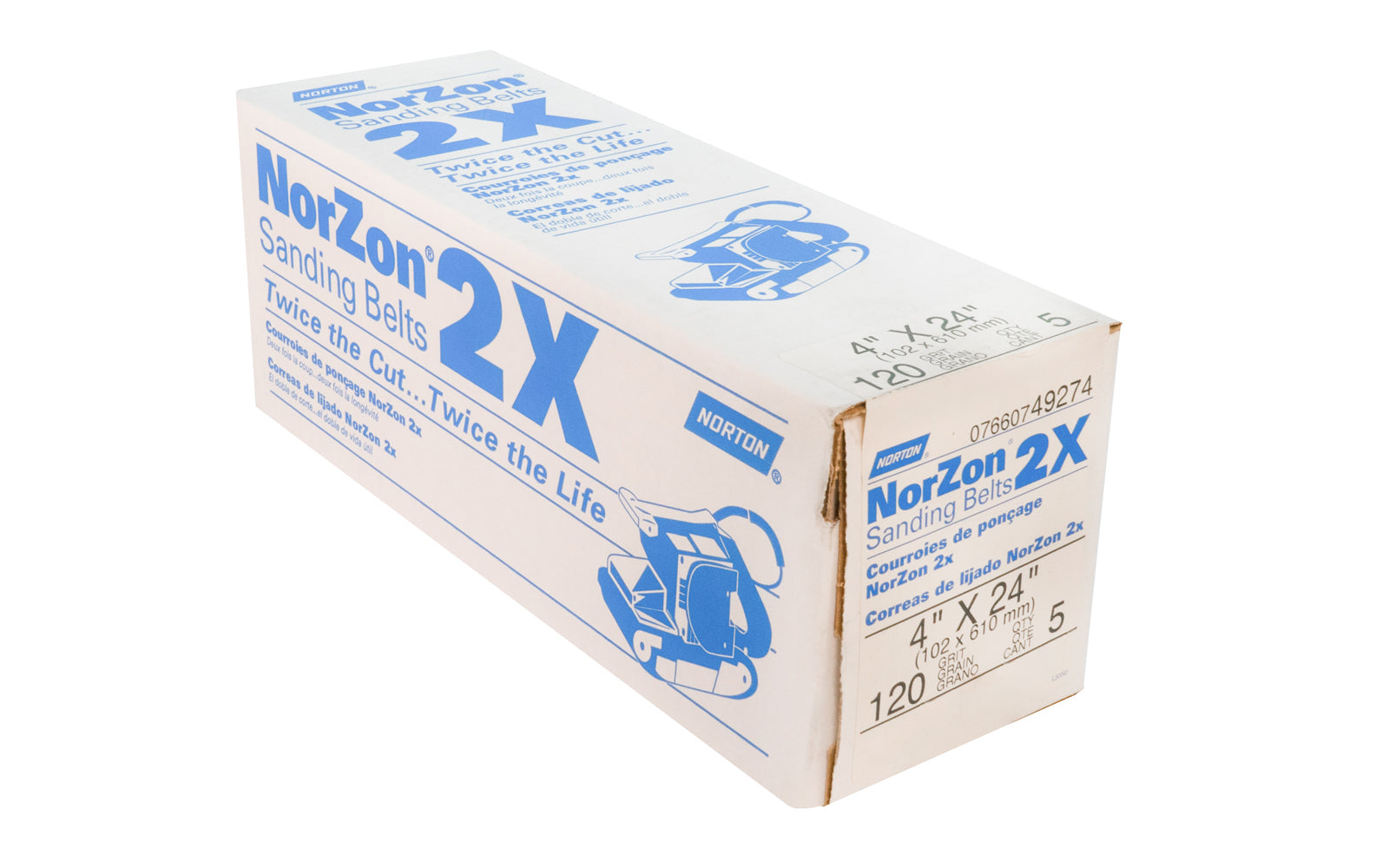 Norton "NorZon" 4" x 24" Sanding Belts - 120 Grit. These self-sharpening, zirconia aluminia abrasive is resin bonded to a heavy cloth backing for durability, rapid material removal & resistance to clogging. Belts can be run in both directions for increased sanding life. 5 Pack. Made in USA.