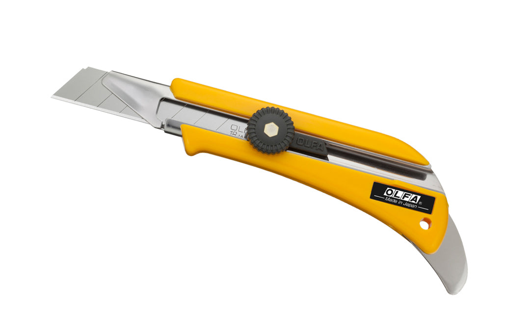 Olfa 18 mm extended-depth utility knife "OL" is perfect for cutting thick materials. Equipped with an extended stainless-steel channel, this heavy-duty utility knife allows additional segments of the blade to be exposed, up to 1-1/2" of working blade. Tool-free blade change. 091511600070. Olfa Model OL. Made in Japan