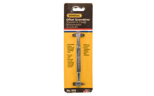 This Offset Screwdriver with Slotted Blades is ideal for use where screws are concealed or obstructed, leverage is required, or where turning space is limited. 4-way slotted. Made in USA. Model 808. 1/4" straight blades. 038728426888