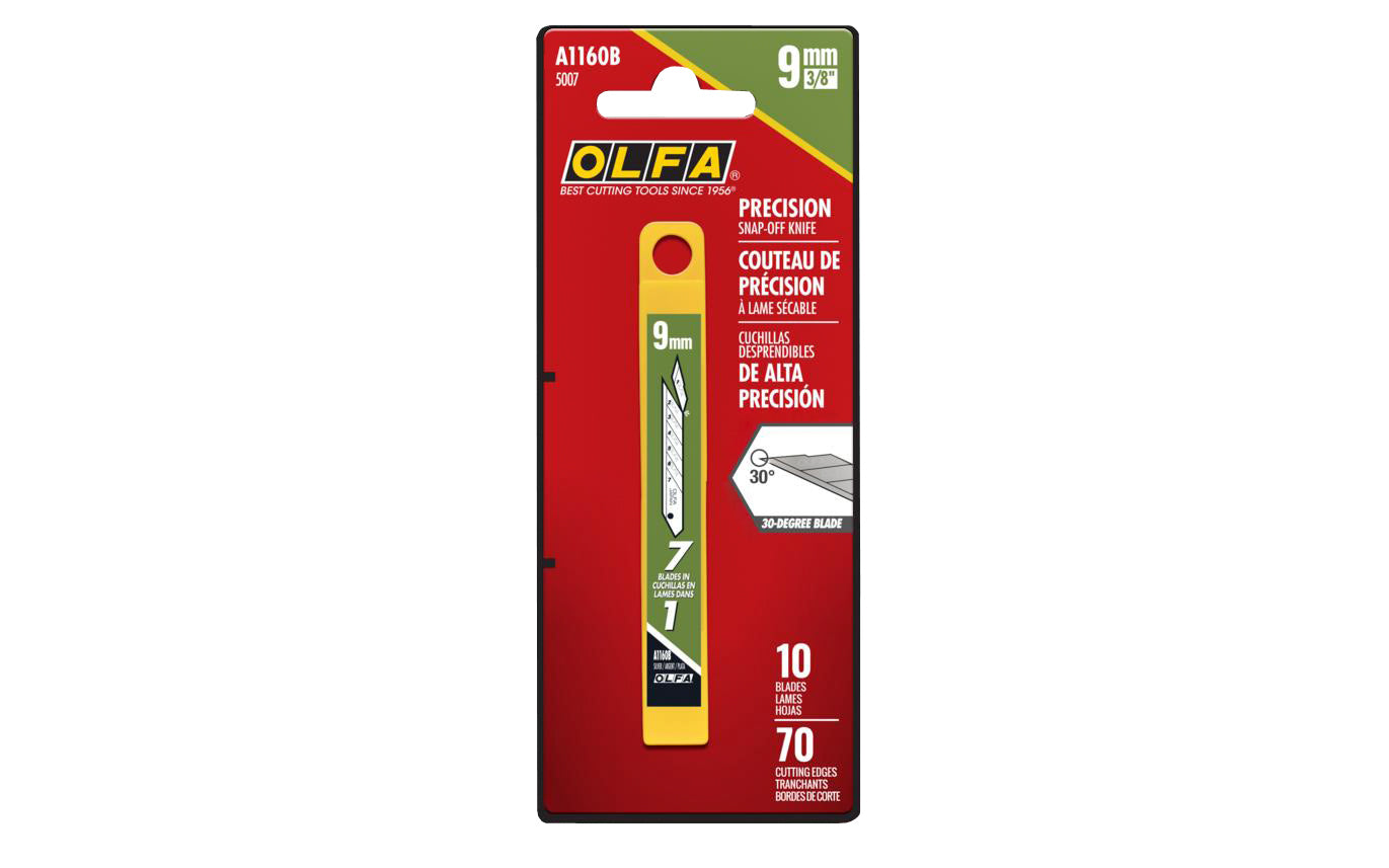 These Olfa "A1160B" 9 mm Precision Replacement Blades are crafted from premium Japanese tool steel & honed to perfection for unmatched sharpness. The 30° blade point allows for detailed & meticulous cuts every time. Great for elaborate graphic cuts & detail cutting. 10 Blades. Model A1160B. 091511600162. Made in Japan