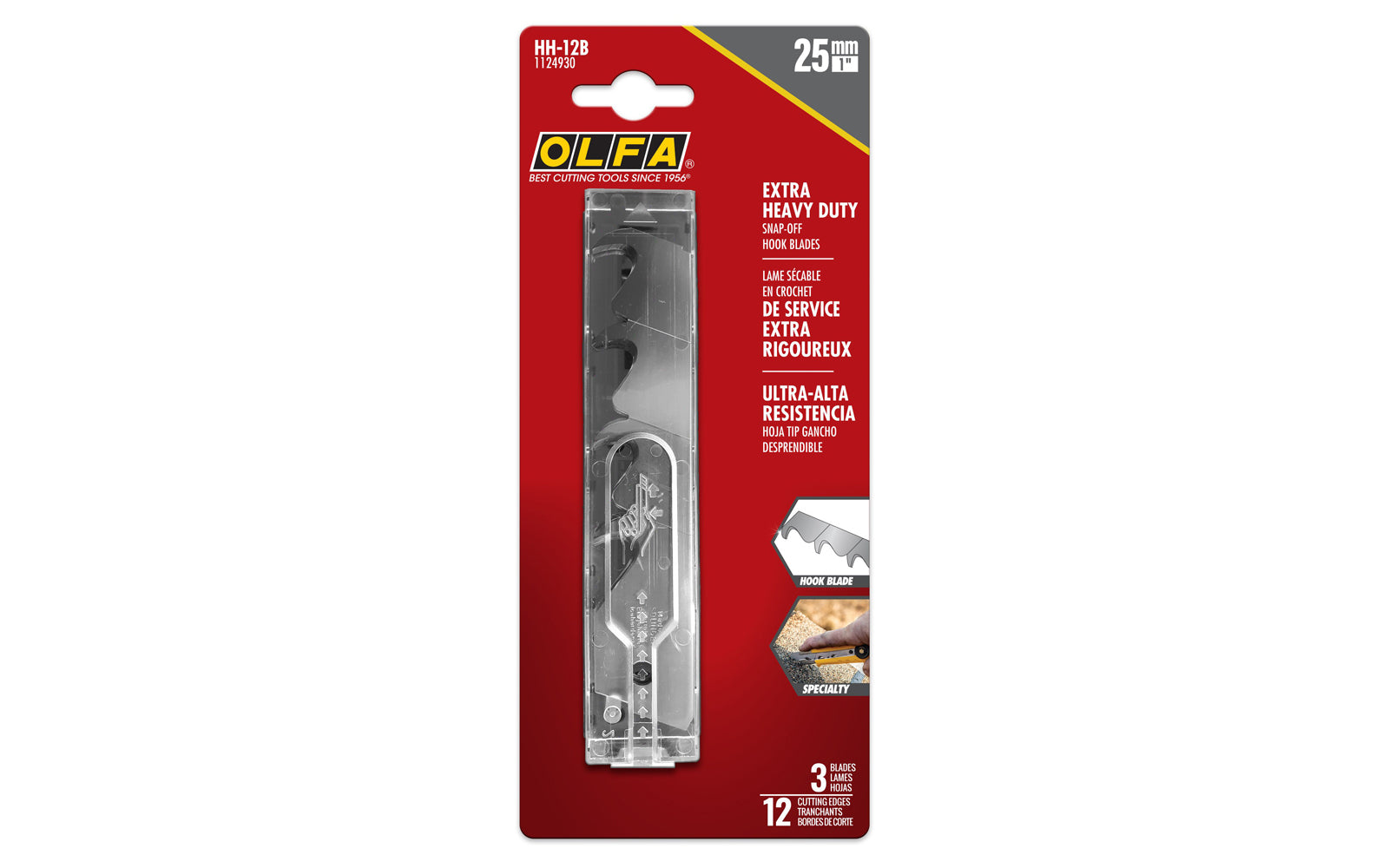 Olfa "HH-12B" 25 mm Hook Replacement Blades are designed with high-quality carbon tool steel for an ultra-sharp edge, & the 25mm blades are shaped to pull material toward the blade while keeping the sharp edge away. Hook shape protects surface under cut - Perfect for carpet, house wrap, shingles, & more. 3 Pack