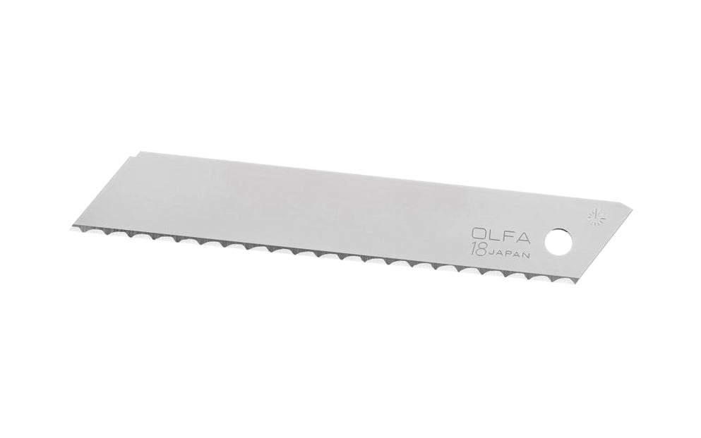 These Olfa "LWB-3B" 18 mm Replacement Serrated Blades are great for materials such as insulation, foam board, PVC pipe, siding, poly sheeting, twine & rope. 18 mm (3/4") wide blade - Heavy duty solid serrated blade. Serrated edge for porous materials. Model LWB-3B. 3 Pack. 091511230055. 3 Blades in Pack. Made in Japan