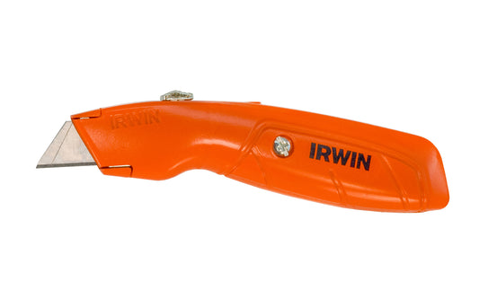 A Irwin Hi-Vis Orange Retractable Utility Knife - 2082300 has an orange color for easy spotting on the job site. Optimized cutting angle for reduced fatigue. Smooth, three-position slide exposes variable blade lengths. Features inside storage for up to 5 blades. Includes Three "Irwin Blue Blade" Bi-Metal Utility Blades