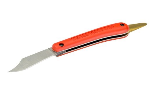 A quality Bahco Foldable Grafting Knife. For razor-sharp cutting of graft & bark - Suitable for crown grafting or propagating cuttings. Extremely sharp folding blade, folding brass spatula. Foldable for safe transportation. Model No. P-11. 7311518009076  Made in France.