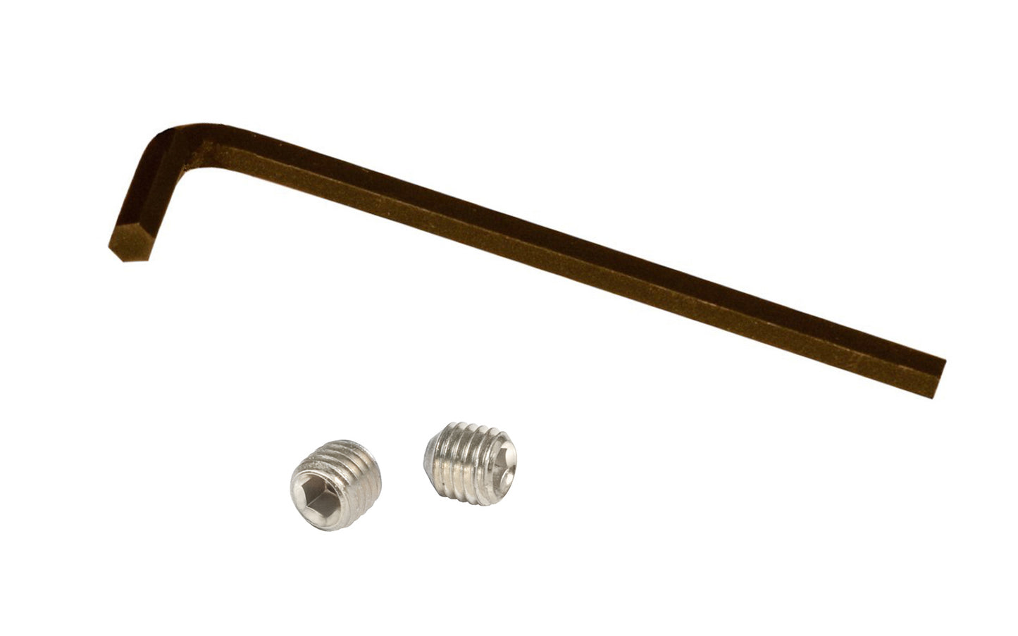 Pair of Set Screws & Hex Key for Doorknobs. The set screws work with traditional-style doorknobs that take threaded spindles. The thread size of the set screw is 32 TPI x 1/4" diameter size, which is a common thread size for holes on old-style doorknobs. Polished Nickel Finish.