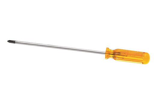 Vaco Profilated #1 Phillips Screwdriver - 8" Blade. Precision-forged & polished blades with black tips. Long Klein Tools Phillips Screwdriver. Tough amber, smooth Comfordome handle. Chrome-plated shaft. Made in USA.