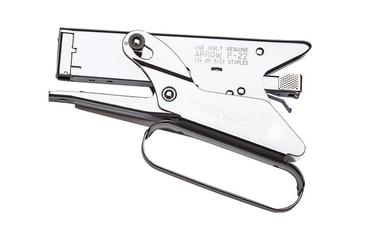 Arrow P22 Plier Stapler - Made in USA. Arrow’s top selling plier stapler. Great hand staple for jobsite, office, bags, tags, papers for home, documents, etc. Hardened steel parts - Chromed steel housing. Works with Arrow P22 Staples: 1/4" (6 mm) or  5/16" (8 mm). Arrow Fastener Model P22. P-22 Stapler. 079055000228