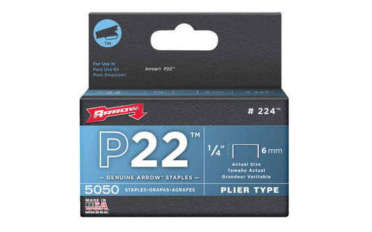 Arrow P22 Plier Type 1/4" Staples  - 5050 PK staples are designed specifically for stapling paper. The P22 staple is specially designed to fit the Arrow P22 plier stapler. 1/4" (6 mm). Item No. 224. 1000 staples in pack. 079055022145