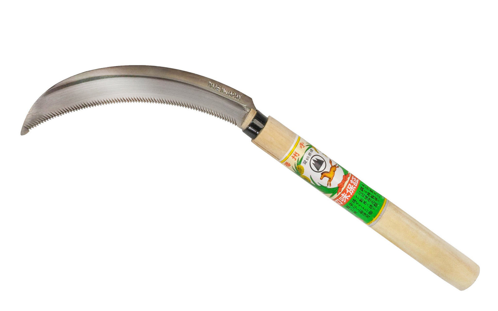 Traditional Japanese Nokogama Sickle-Saw great for outdoor landscaping needs. Made of high carbon steel, the blade of this weeder is very sharp with aggressive teeth & the blade is slightly curved for fast aggressive cutting. Noko Gama hand sickle will cut grasses, tough weeds, sod & turf, roots, stems. Made in Japan