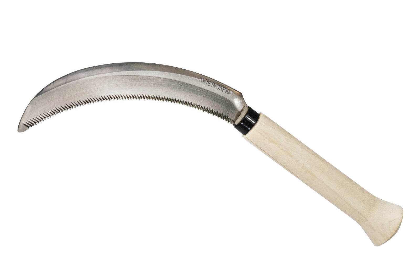 Traditional Japanese Nokogama flared handle hand-sickle great for outdoor landscaping needs. Made of high carbon steel, the blade of this weeder is very sharp with aggressive teeth & the blade is slightly curved for fast aggressive cutting. Noko Gama sickle will cut grasses, tough weeds, sod & turf, roots, stems.