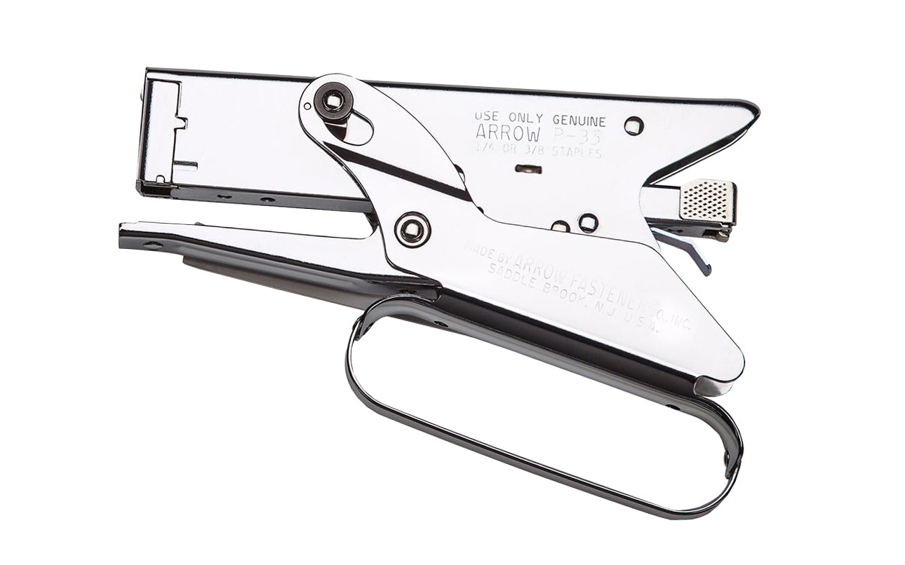This Arrow P35 HD Plier-Type Stapler loads 85 staples in 2 sizes: 1/4" & 3/8". Deep 2-1/2" throat reach. Cam-activated power leverage. Removable staple channel. Visible refill window. Hand-guide loop. Heavy Duty Arrow Stapler. Made in USA. 79055000358