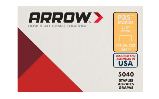 Arrow’s P35 Plier Type 1/4" staples are good for stapling thicker paper, cardboard, etc. The P35 staple is specially designed to fit the Arrow P35 plier stapler & is great for use on bags, tags, papers, & labels. 1/4" (6 mm) leg length size. 1/2" crown width. Item No. 354. 5040 PK. Made in USA. 079055035145