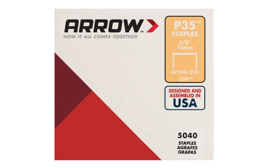 Arrow’s P35 Plier Type 3/8" staples are good for stapling thicker paper, cardboard, etc. The P35 staple is specially designed to fit the Arrow P35 plier stapler & is great for use on bags, tags, papers, & labels. 3/8" (10 mm) leg length size. 1/2" crown width. Item No. 356. 5040 PK. Made in USA. 079055035381