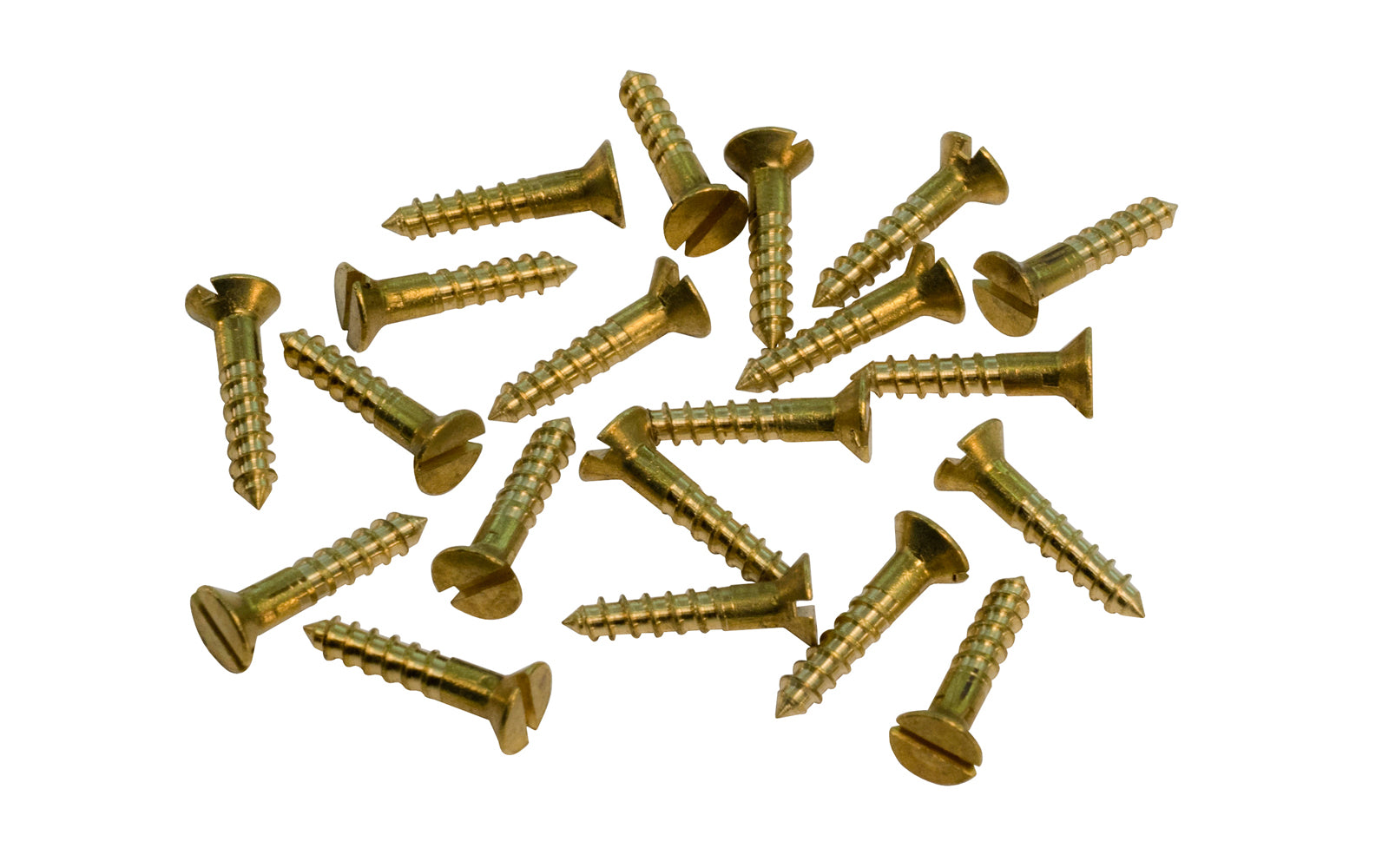 Solid Brass #5 x 5/8" Flat Head Slotted Wood Screws. Traditional & classic vintage-style countersunk wood screws. Sold as 20 pieces in a bag. Slotted-Head. Unlacquered brass Non-Lacquered Brass (will patina over time)