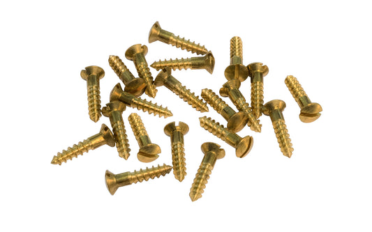 Solid Brass #5 x 5/8" Oval Head Slotted Wood Screws. Traditional & classic vintage-style countersunk wood screws. Sold as 20 pieces in a bag. Available in Unlacquered brass Non-Lacquered Brass (will patina over time)
