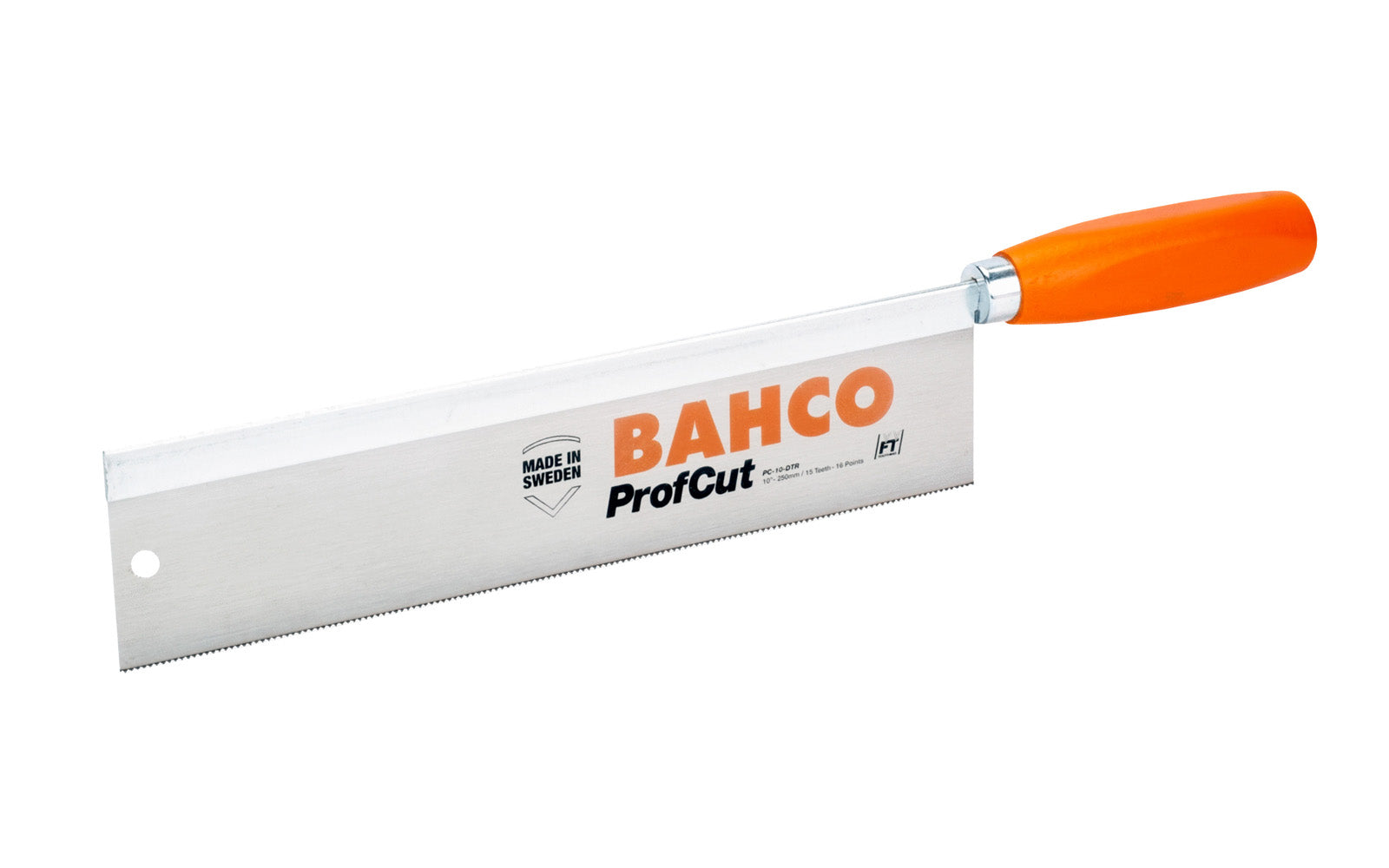 Bahco "ProfCut" 10" Dovetail Saw 15 TPI is ideal for cutting wood, plywood, laminates, timber, plaster, plastic materials. Universal teething, hardpoint teeth for long lasting sharpness.  Made in Sweden. Light steel back for rigidity. 10" (250 mm) cutting edge length. Model PC-10-DTR ~ 7311518263546. Made in Sweden