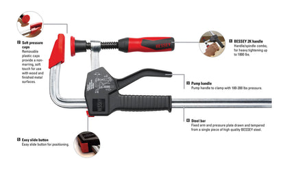This Bessey 12" HD One-Handed PowerGrip Clamp PG12 is a heavy duty one-handed clamp that is easy to use. To pre-adjust the jaw use the easy slide button to position with just one hand; then squeeze the handle to hold the clamp; and simply turn the handle to apply the full pressure. 12" max opening - 4" throat depth.
