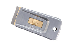 Made in USA. Razor Blade Scraper with one single edge razor blade. Removes paint, glue, putty or adhesives from glass, tile, walls, floors & smooth surfaces. Nizen coating on the scraper body & bronze plated slider ensure smooth functioning when using. Features a safety position that holds blade in scraping position.