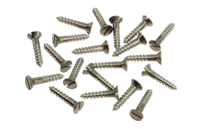 Solid Brass #5 x 5/8" Flat Head Slotted Wood Screws. Traditional & classic vintage-style countersunk wood screws. Sold as 20 pieces in a bag. Slotted-Head. Polished Nickel finish