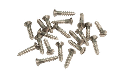 Solid Brass #5 x 5/8" Oval Head Slotted Wood Screws. Traditional & classic vintage-style countersunk wood screws. Sold as 20 pieces in a bag. Polished nickel finish