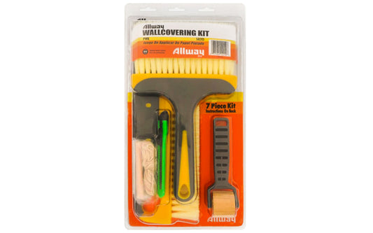 Allway Wallcovering Kit. Allway Wallpaper Kit includes plastic handle roller, plumb kit, vinyl straightening brush, paste brush. 10mm Razor Knife, Triangle Cutting Guide & Instructions. Model PWK. 037064140106