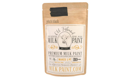 This Milk Paint color is "Pitch Black" - It is a true dark black color. Comes in a powder form, you can control how thick/thin you mix the paint. Use it as you would regular paint, thinner for a wash/stain or thicker to create texture. Environmentally safe, non-toxic & is food safe. 100% VOC free. Powder Paint