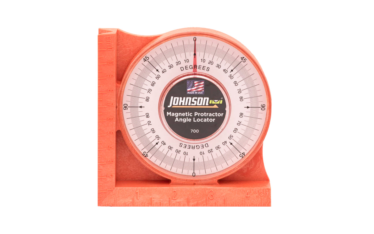 Model No. 700 - Magnetic Protractor & Angle Locator - Extra-strong, ceramic magnet adheres to ferrous metal surfaces - V-Groove edge fits on pipe & conduit - Easy-to-read increments read 0-90° in all four quadrants printed on durable acrylic lens. High-Impact molded body. Inch & metric graduations. Made in USA. 40-0220