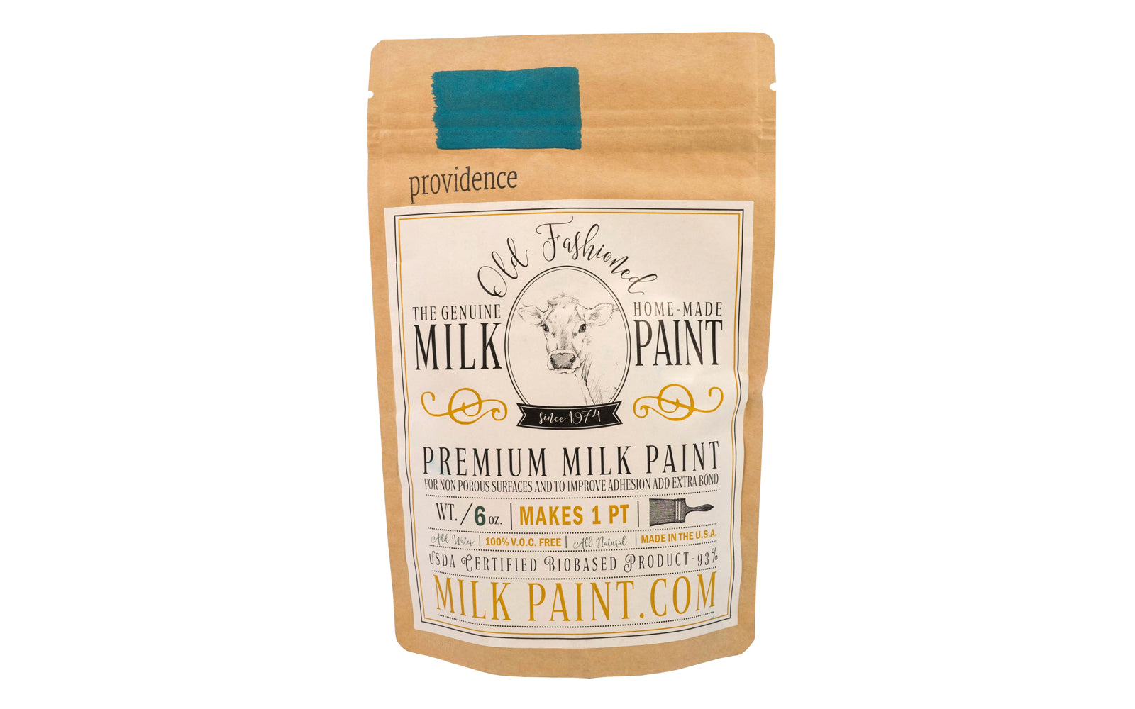 This Milk Paint color is "Providence" - It is a peacock teal blue. Comes in a powder form, you can control how thick/thin you mix the paint. Use it as you would regular paint, thinner for a wash/stain or thicker to create texture. Environmentally safe, non-toxic & is food safe. 100% VOC free. Powder Paint