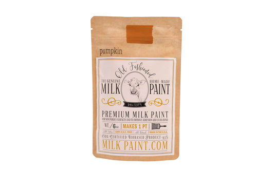 This Milk Paint color is "Pumpkin" color - Rustic orange color with brown undertones. Comes in a powder form, you can control how thick/thin you mix the paint. Use it as you would regular paint, thinner for a wash/stain or thicker to create texture. Environmentally safe, non-toxic & is food safe. 100% VOC free. Powder Paint