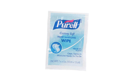 Purell Cottony Soft Hand Cleaner Wipe. Antimicrobial pre-moistened hand wipes with 62% ethyl alcohol to help reduce germs on hands and remove light soils. Wipes contain vitamins E & A, aloe, & moisturizers to help keep skin hydrated. Sold as single wipe in pack. Individual single packets. 073852019445.  Made in USA