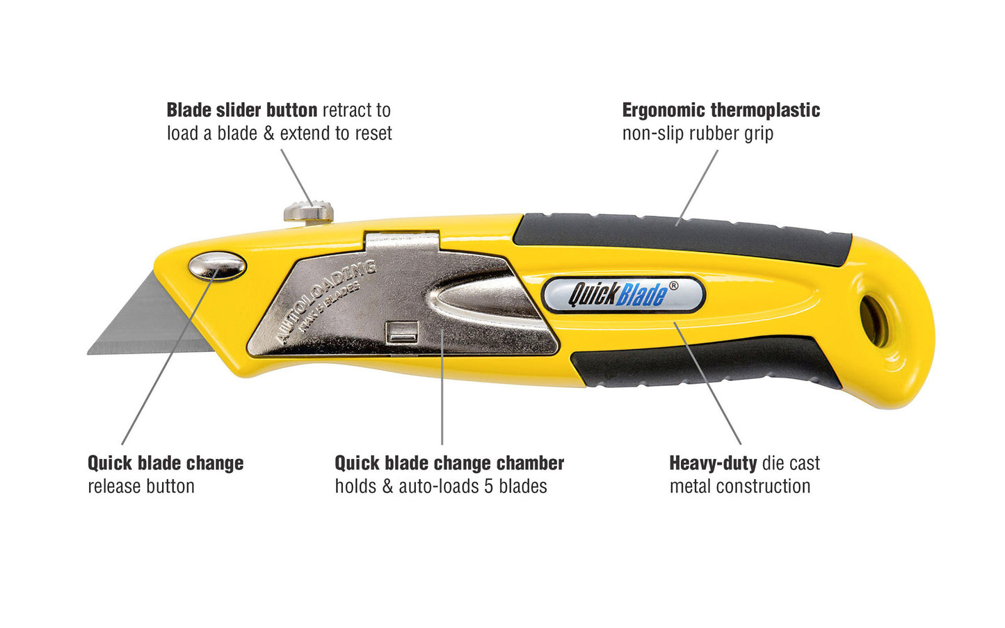 This Auto-Loading Metal Utility Knife has an unique auto-loading design & sturdy construction. Features a one-button automatic blade change that comes pre-loaded with five additional blades which can be easily engaged at anytime. Retractable knife. 073441003756. Model QBA-375 knife. PHC - Pacific Handy Cutter.