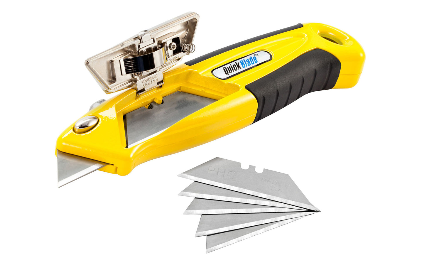 This Auto-Loading Metal Utility Knife has an unique auto-loading design & sturdy construction. Features a one-button automatic blade change that comes pre-loaded with five additional blades which can be easily engaged at anytime. Retractable knife. 073441003756. Model QBA-375 knife. PHC - Pacific Handy Cutter.