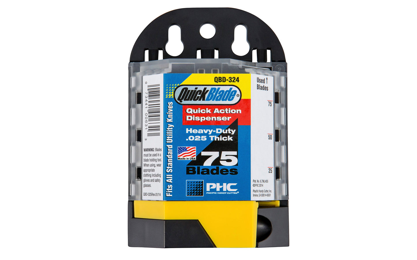 Standard Utility Blade Dispenser safely dispenses one Standard Utility Blade at a time from a durable case. Dispenser contains 75 standard blades which are made of high quality carbon steel & hold a sharp edge. 0.25" thickness of blade. 75 Pack. Made in USA. PHC - Pacific Handy Cutter. Model QBD-324. 073441006313