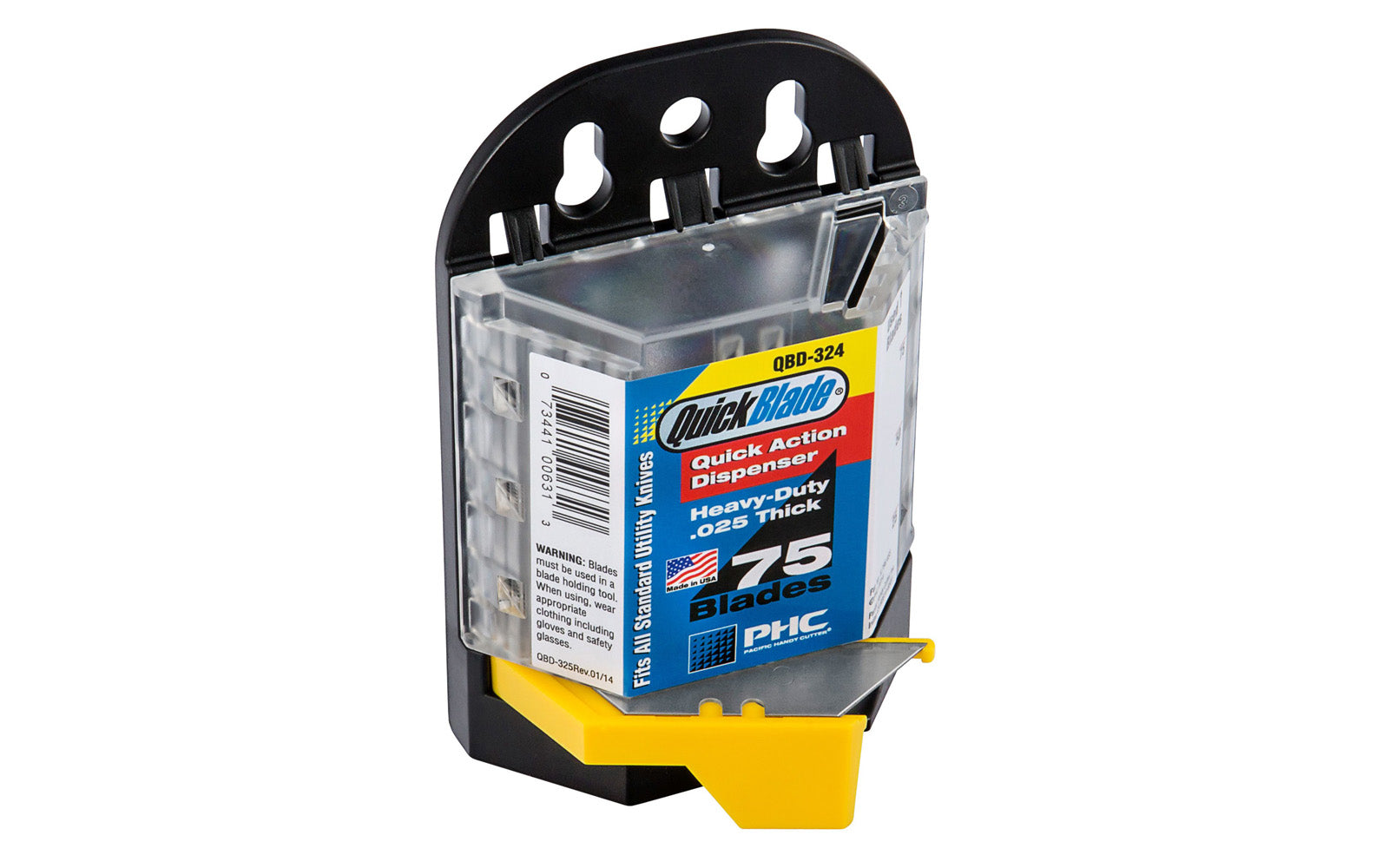 Standard Utility Blade Dispenser safely dispenses one Standard Utility Blade at a time from a durable case. Dispenser contains 75 standard blades which are made of high quality carbon steel & hold a sharp edge. 0.25
