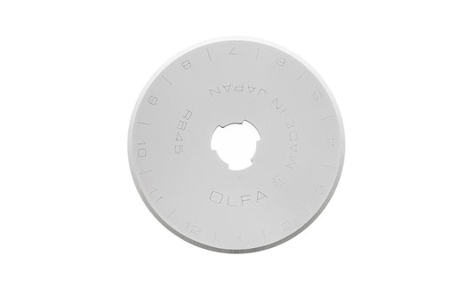 Olfa's most popular rotary blade combines the strength of high-quality tungsten steel with expert honing for a blade that cuts up to eight layers of cotton with ease. Paper, fabric, leather & more, this blade can tackle them all - crafting precise edges & clean cuts. 091511500424. Olfa Model RB45-1. Made in Japan