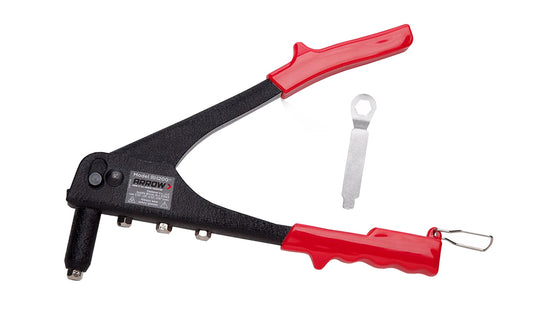 This Arrow RH200S Rivet Tool is a heavy duty rivet tool for HVAC, sheet metal, gutters, storm doors, automotive. Four different size nose pieces & nose changing wrench. Works with steel rivets in sizes: 3/32", 1/8", 5/32", & 3/16". Works with aluminum rivets in sizes: 3/32", 1/8" &  5/32". Arrow Fastener Model RH200. 
