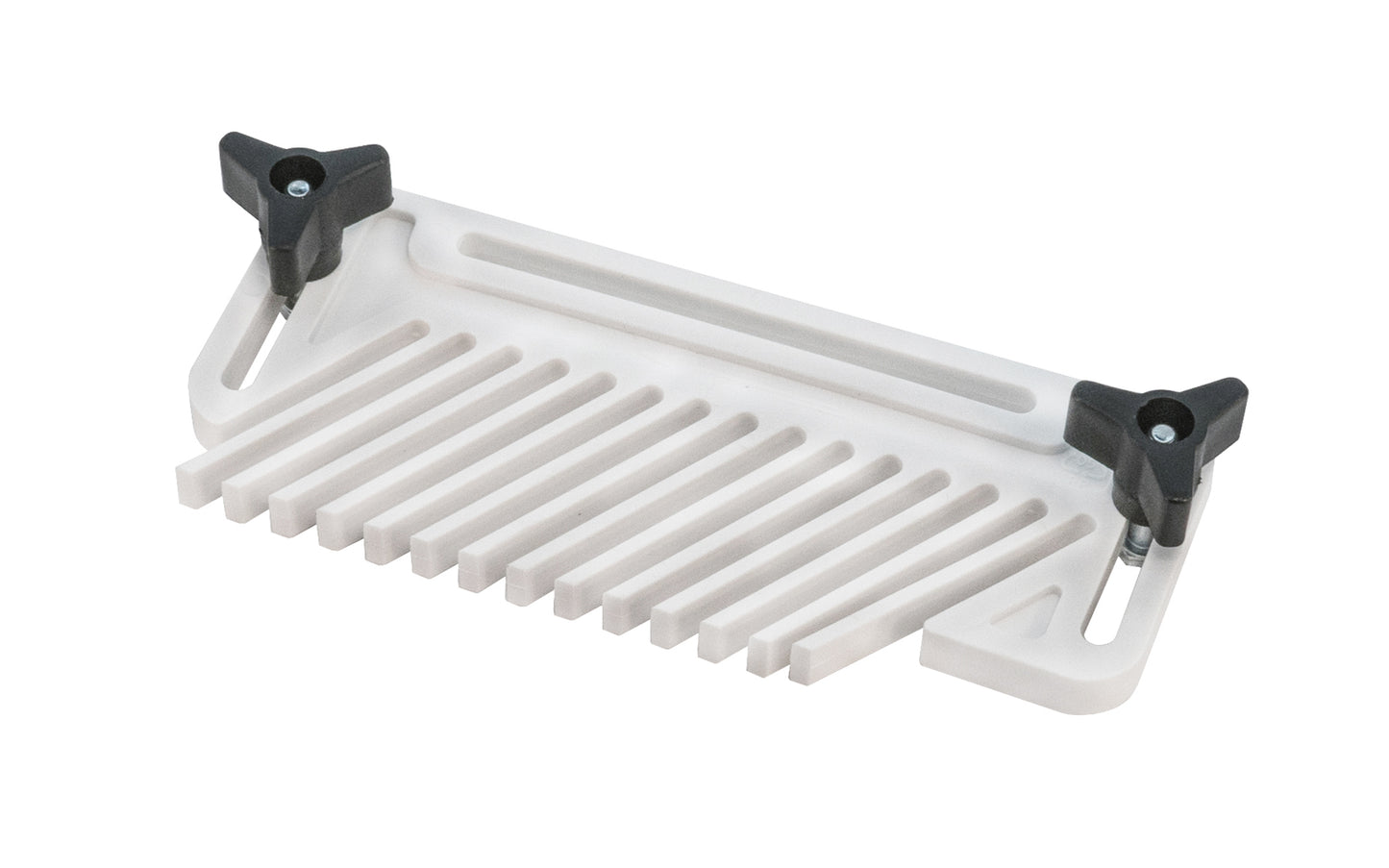 Use the Hold Down Fence Featherboard on table saws, band saws or router tables. By attaching the featherboard to a fence, adequate downward pressure is provided to keep the workpiece secure. Adjustments are made with bolts & two slots for screws. Size is 7-3/4" x 3-1/4" x 1/2". Model 825-6050. 744391126986